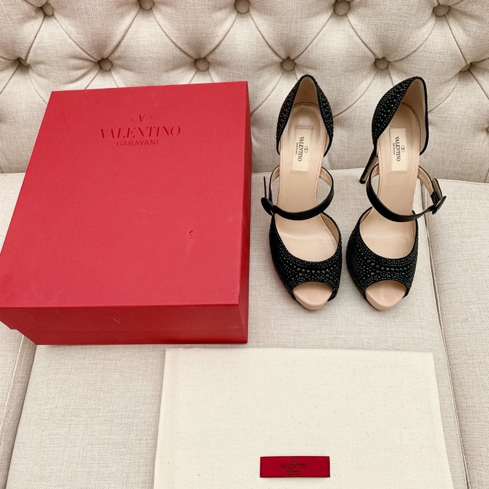 Valentino Black/Crystal Peep Toe Platform Heels